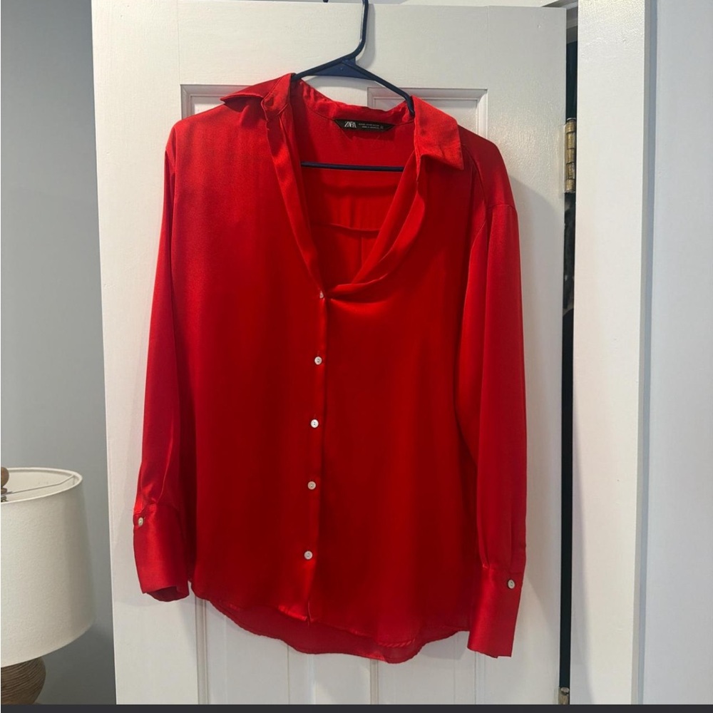 Zara Bright Red Satin Button-Front Blouse